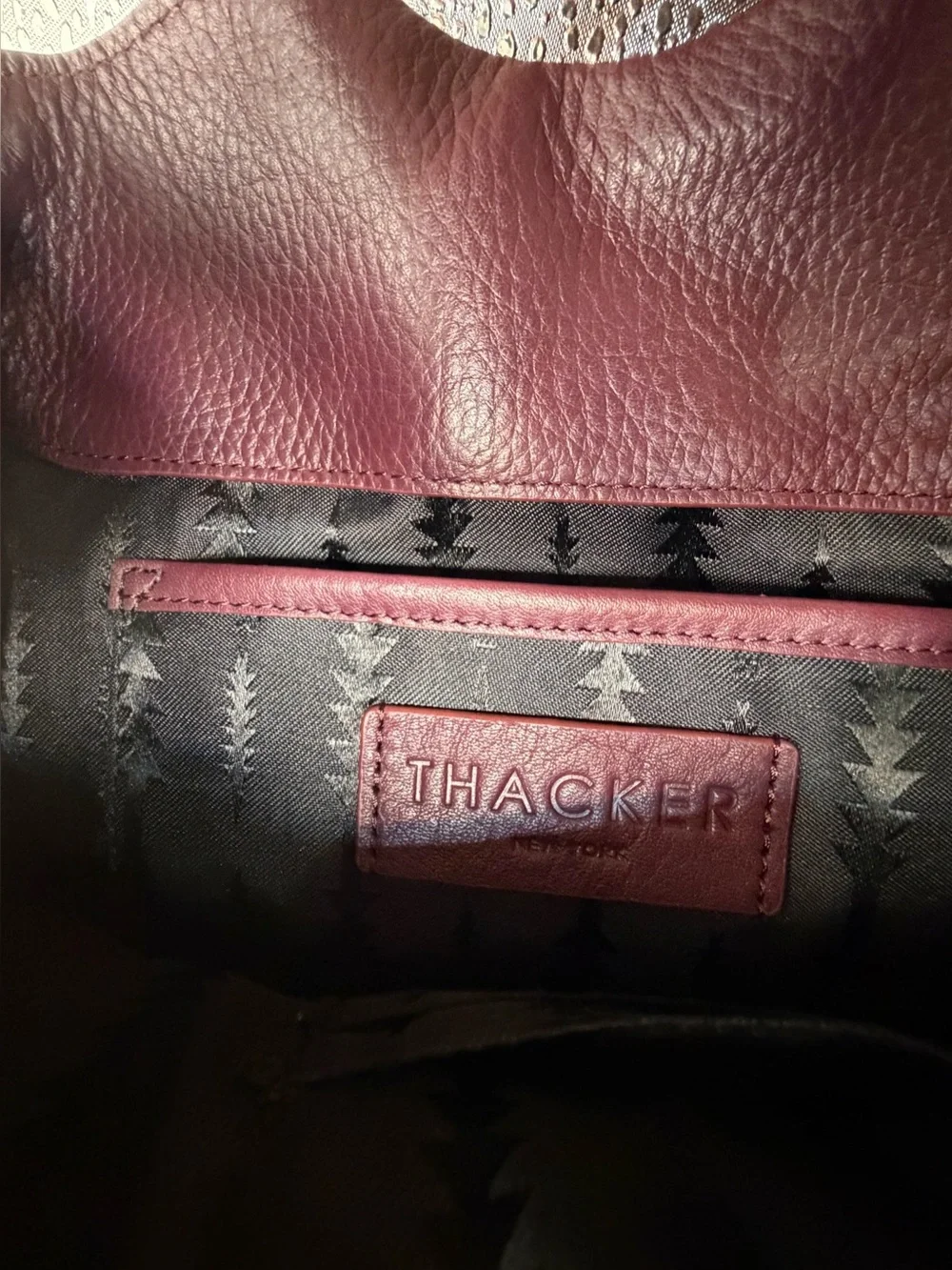 Thacker New York Bonnie O gold handle bucket Crossbody Purse burgundy Leather